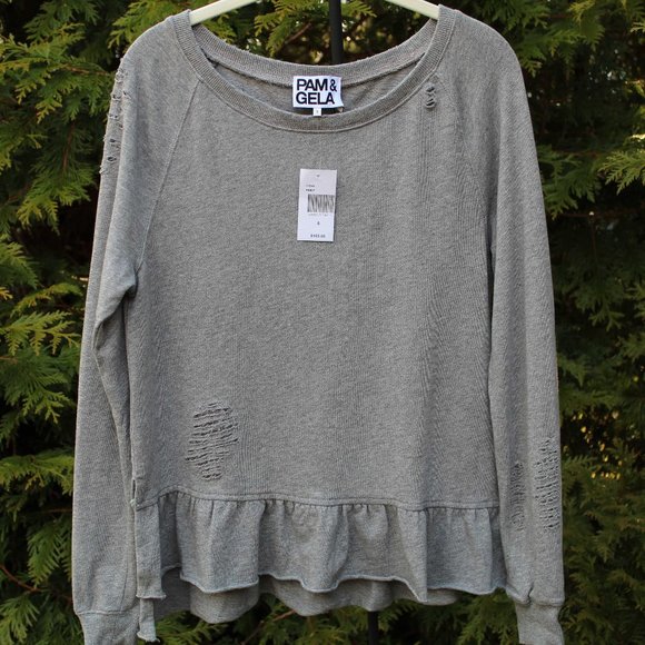 Pam & Gela Tops - Pam & Gela Distressed Ruffle-Hem Sweatshirt  NWT!!